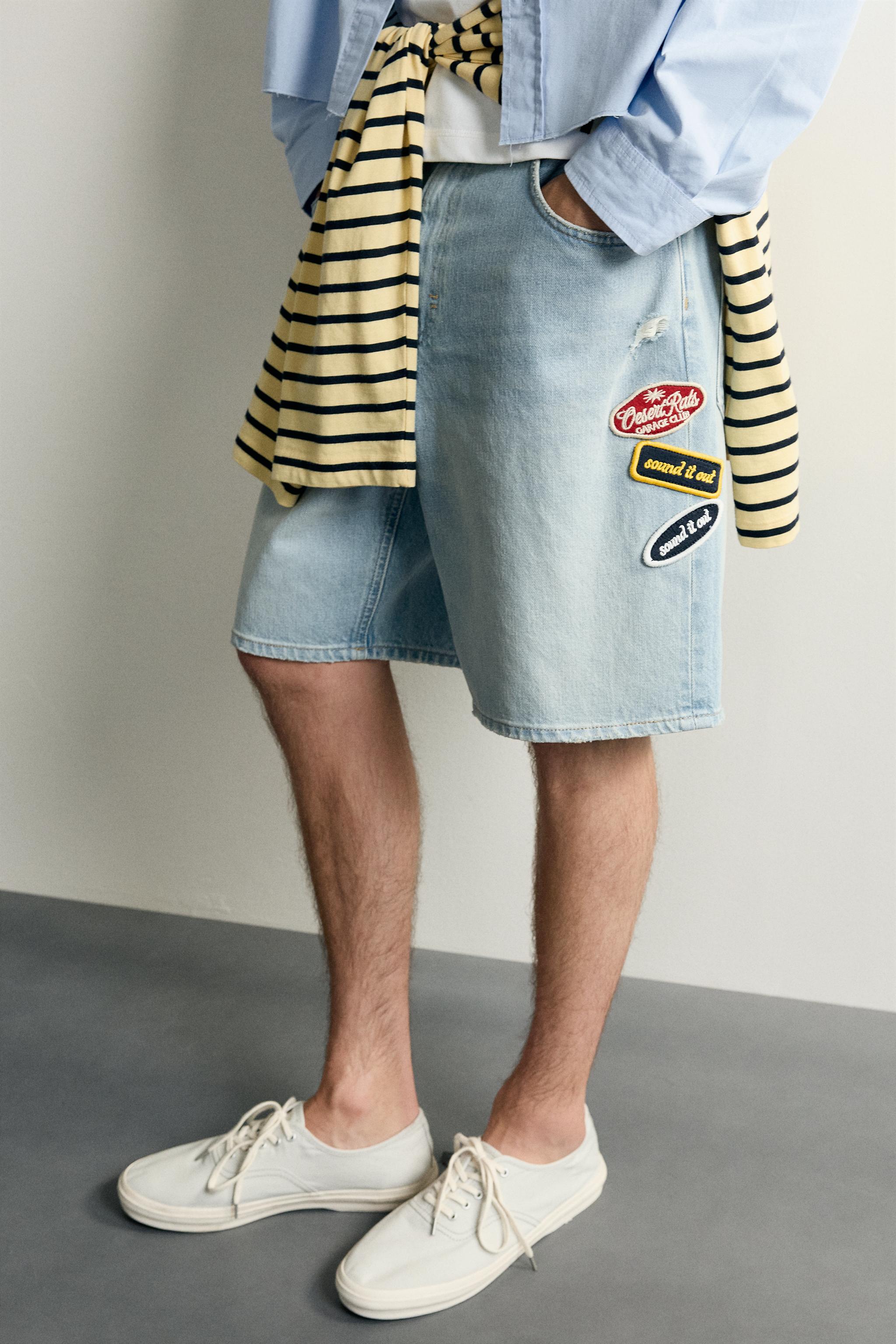 RELAXED FIT PATCHWORK DENIM BERMUDA SHORTS